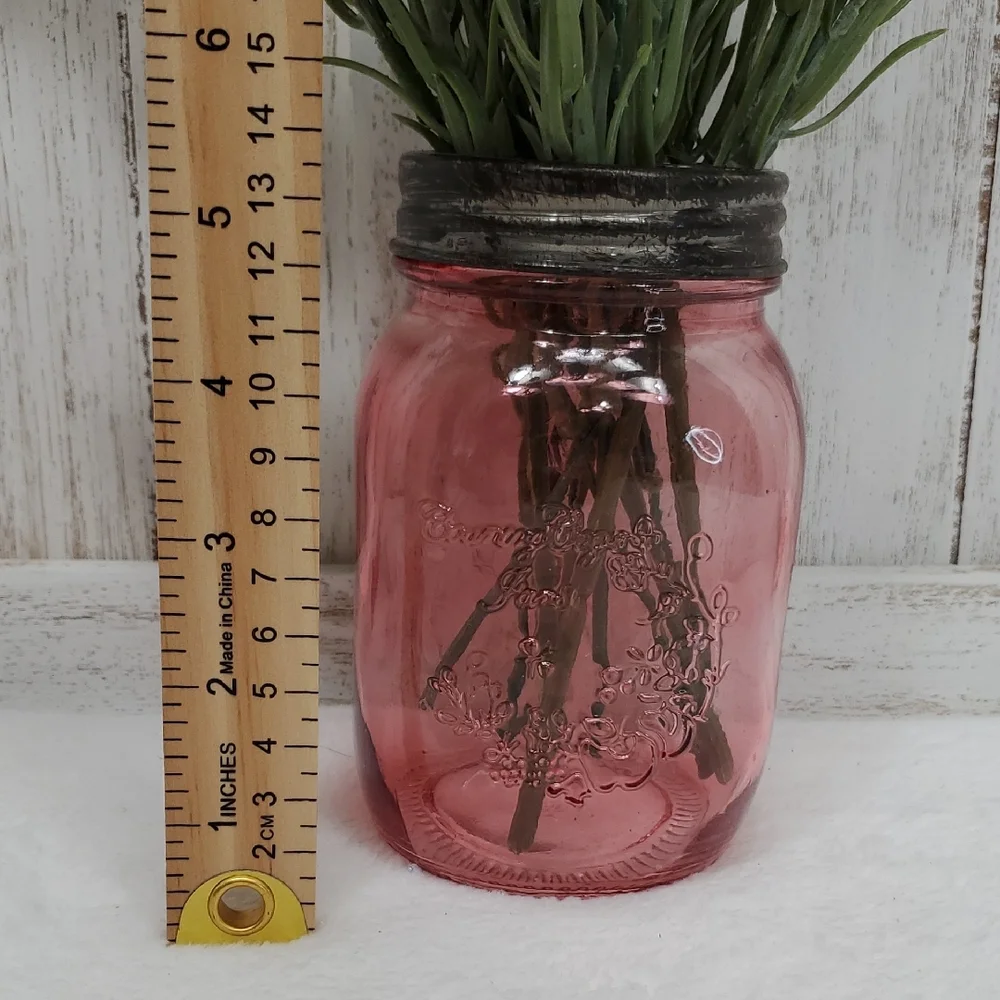 Pink Glass Mason Jar Vase with Faux Floral Arrangement Country Farmhouse